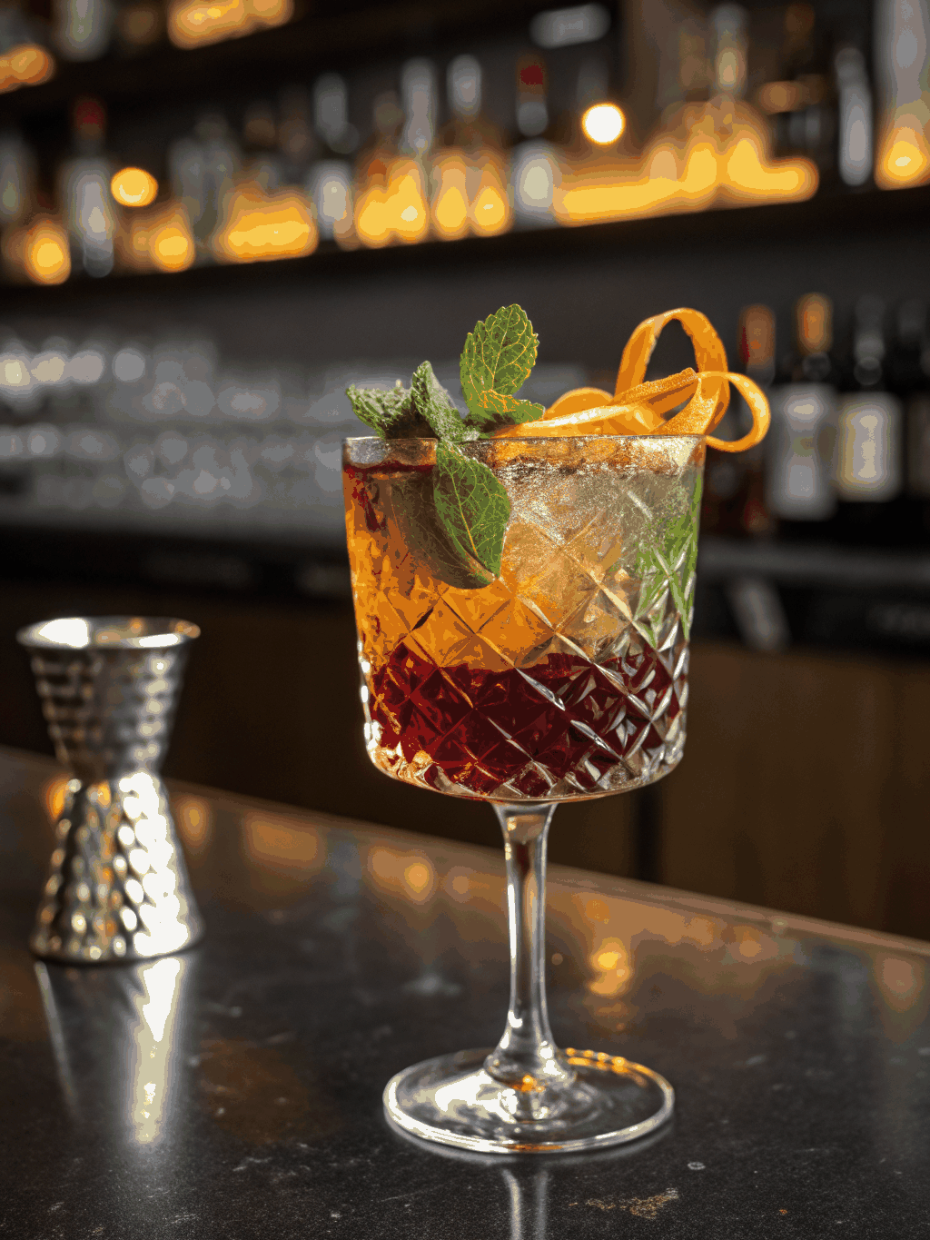 Refreshing Italian cocktail with citrus garnish in a crystal glass