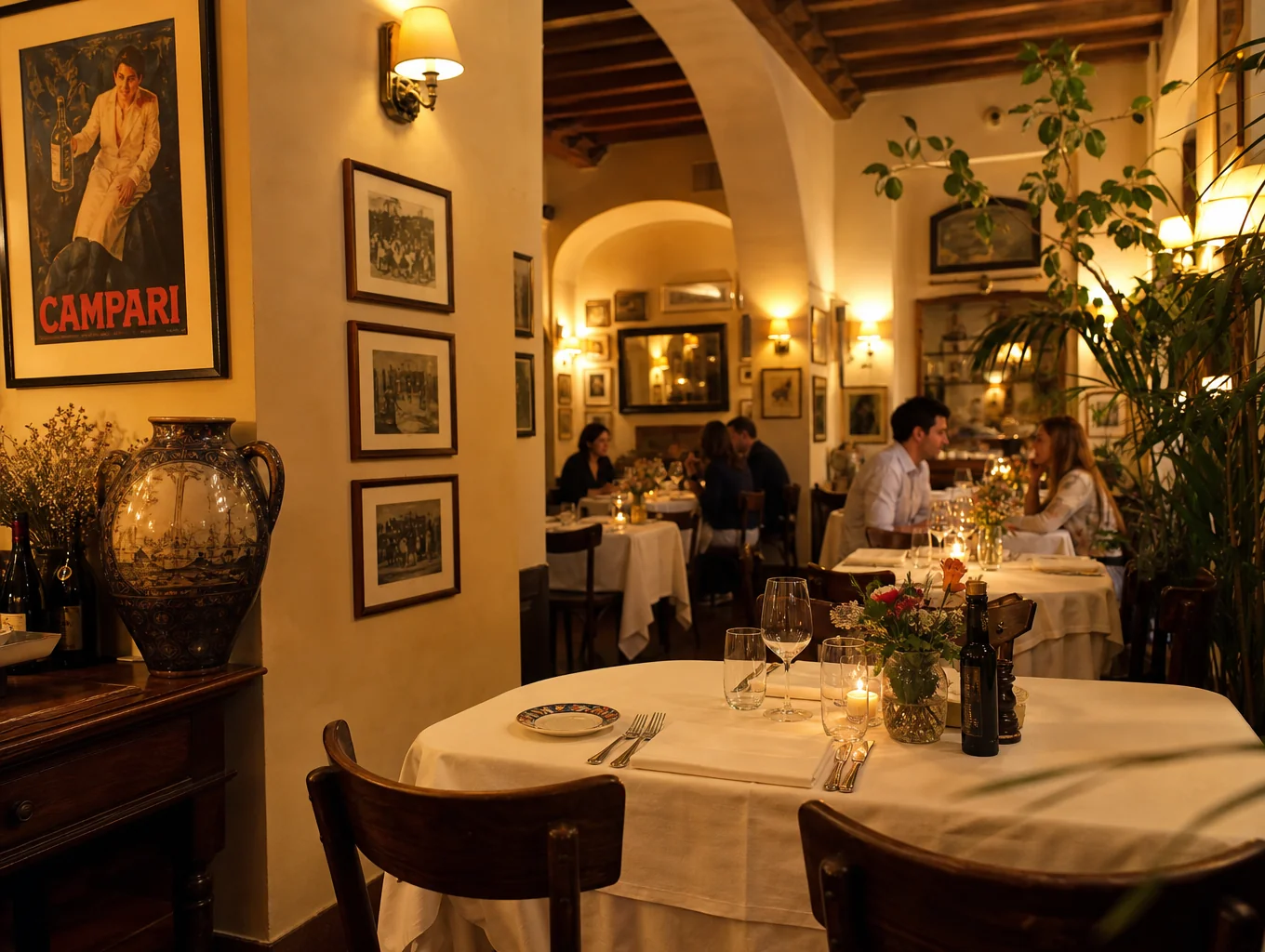Cozy Italian restaurant dining room with warm lighting and rustic decor