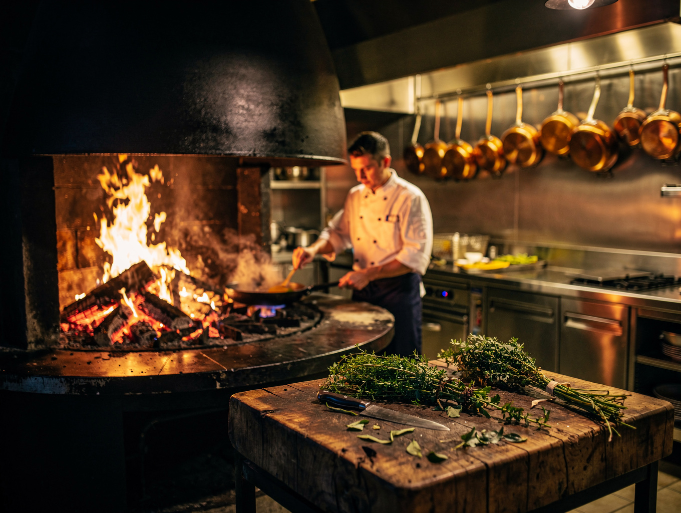 Chefs working in a professional open kitchen environment