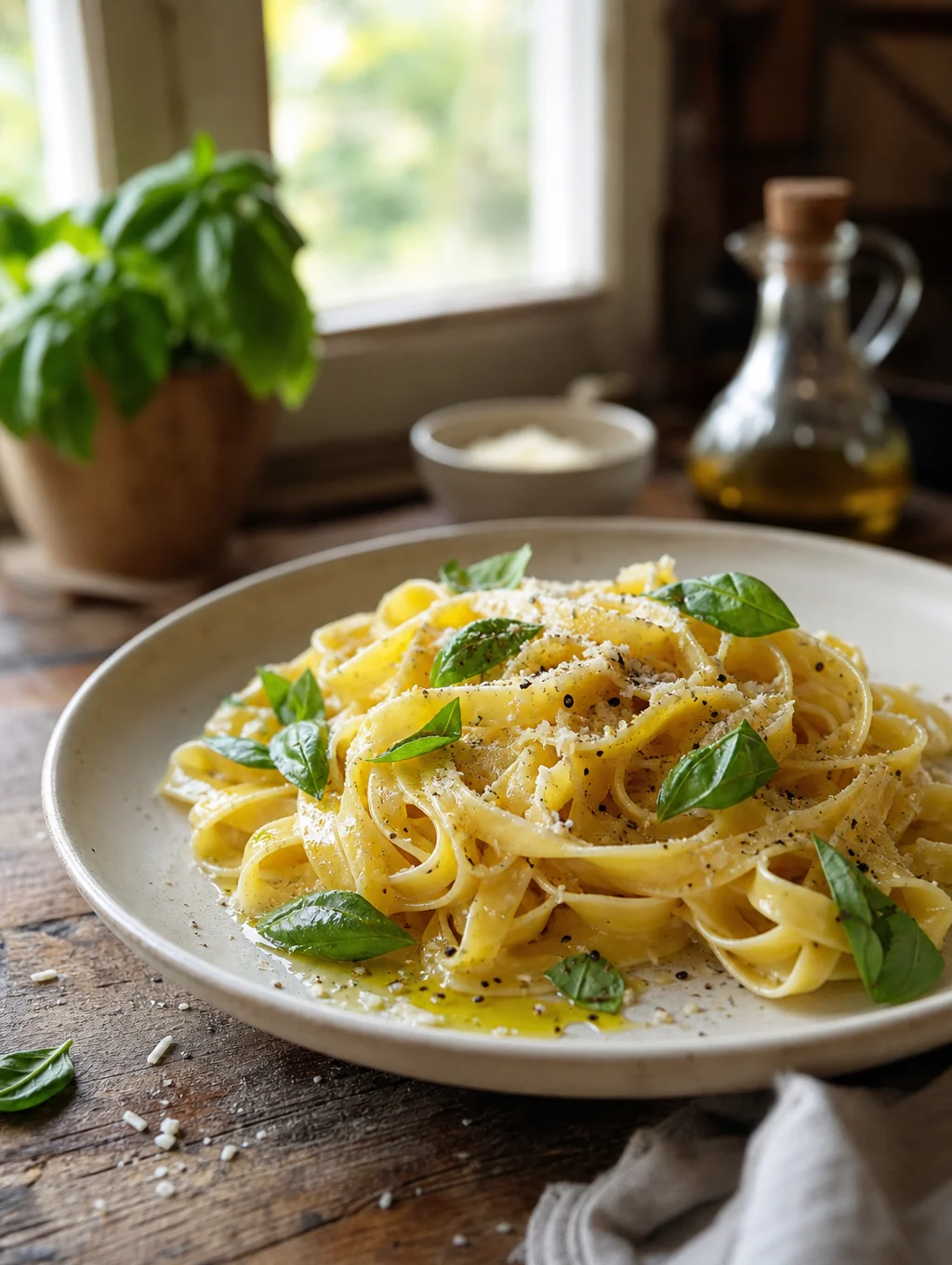 Freshly prepared handmade tagliatelle pasta on a ceramic plate