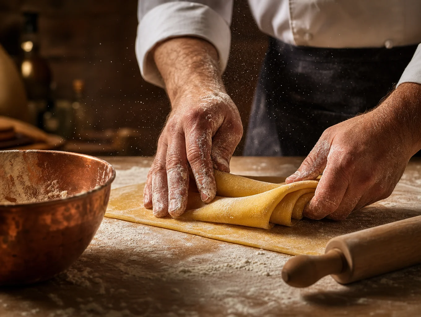 Chef hand-rolling fresh pasta in the kitchen
